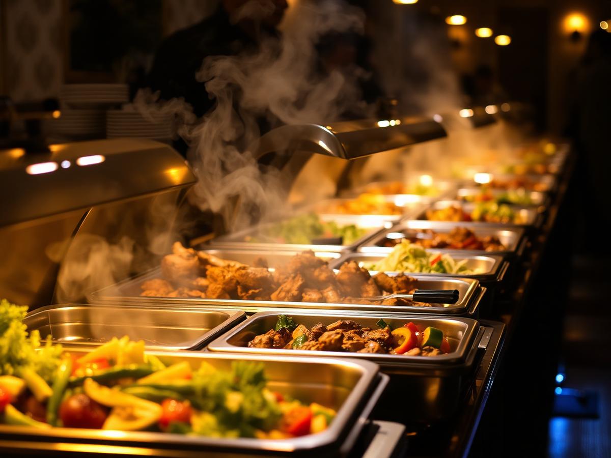 Hot catering buffet line prepared for a film crew